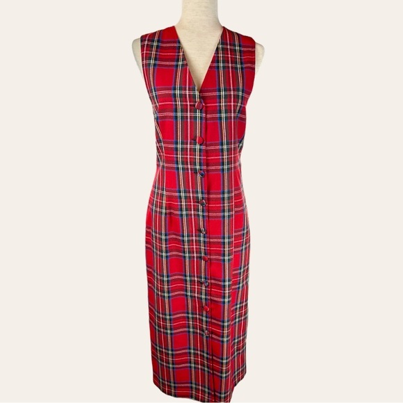 Vintage Dresses & Skirts - Vintage Red Tartan Sleeveless Button Front Midi Length Jumper Dress